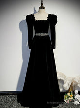 Black Velvet Square Long Sleeve Prom Dress With Belt